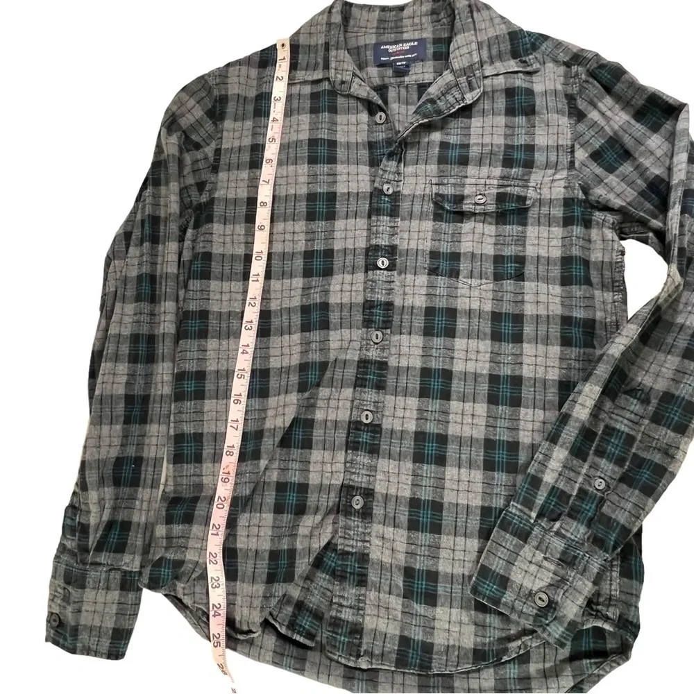 American Eagle Black Teal Plaid Flannel Shirt Extra Small